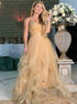 A Line Gold V Neck Tulle Prom Dress with Ruffles LBQ4289
